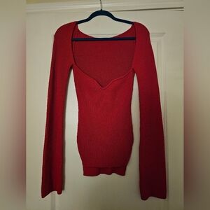 Deep Red Ribbed Knit Sweetheart Neck Sweater, Size L-XL